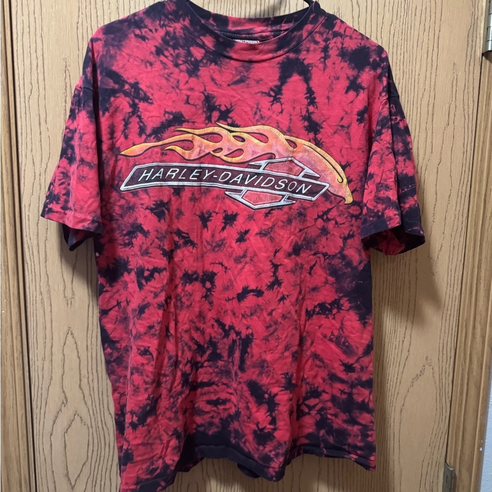 Vintage Harley-Davidson Red and Black Tie-Dye Men's Shirt